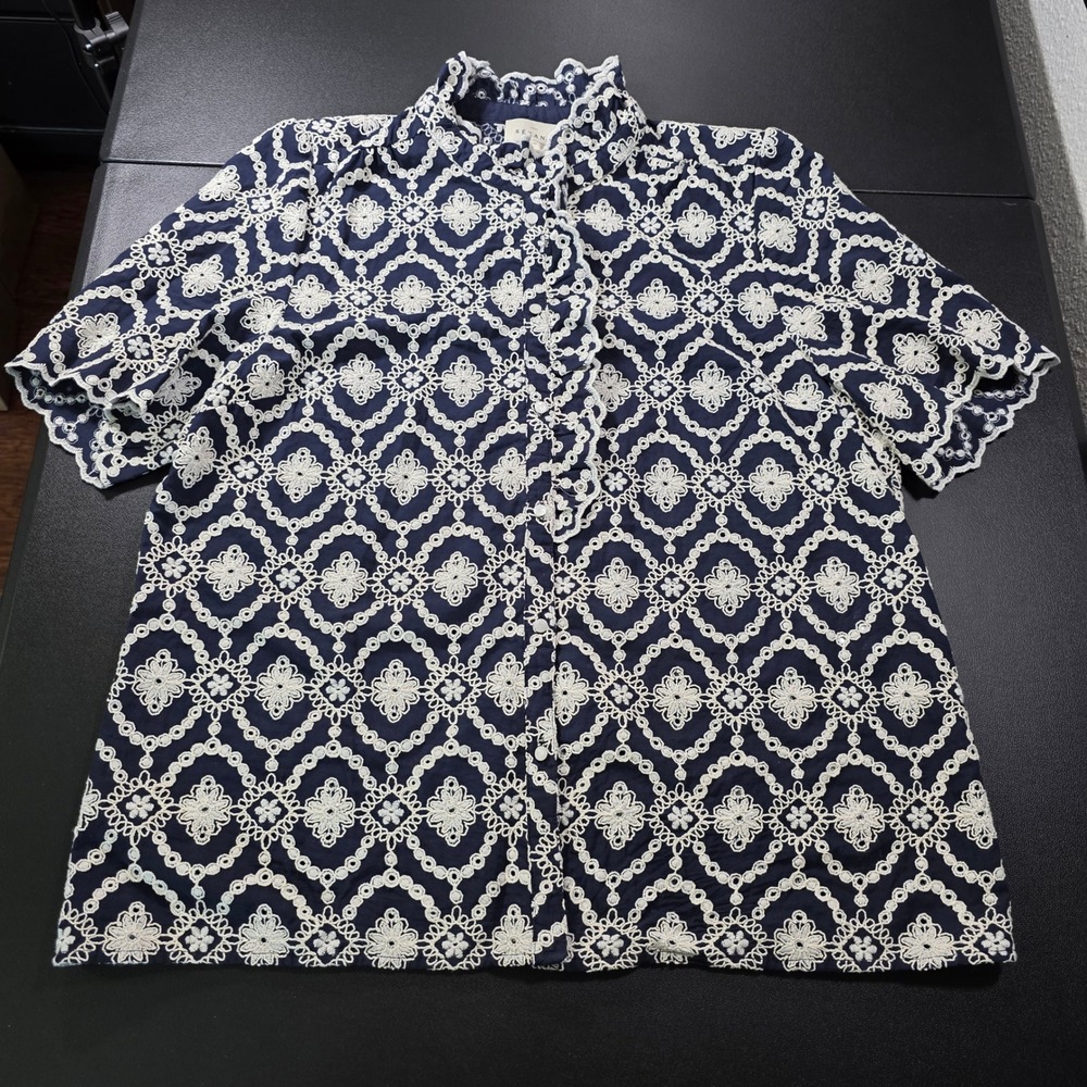 Sezane Chlo  Navy Blue White Eyelet Lace Ruffle Collar Short Sleeve Top 42 / L
